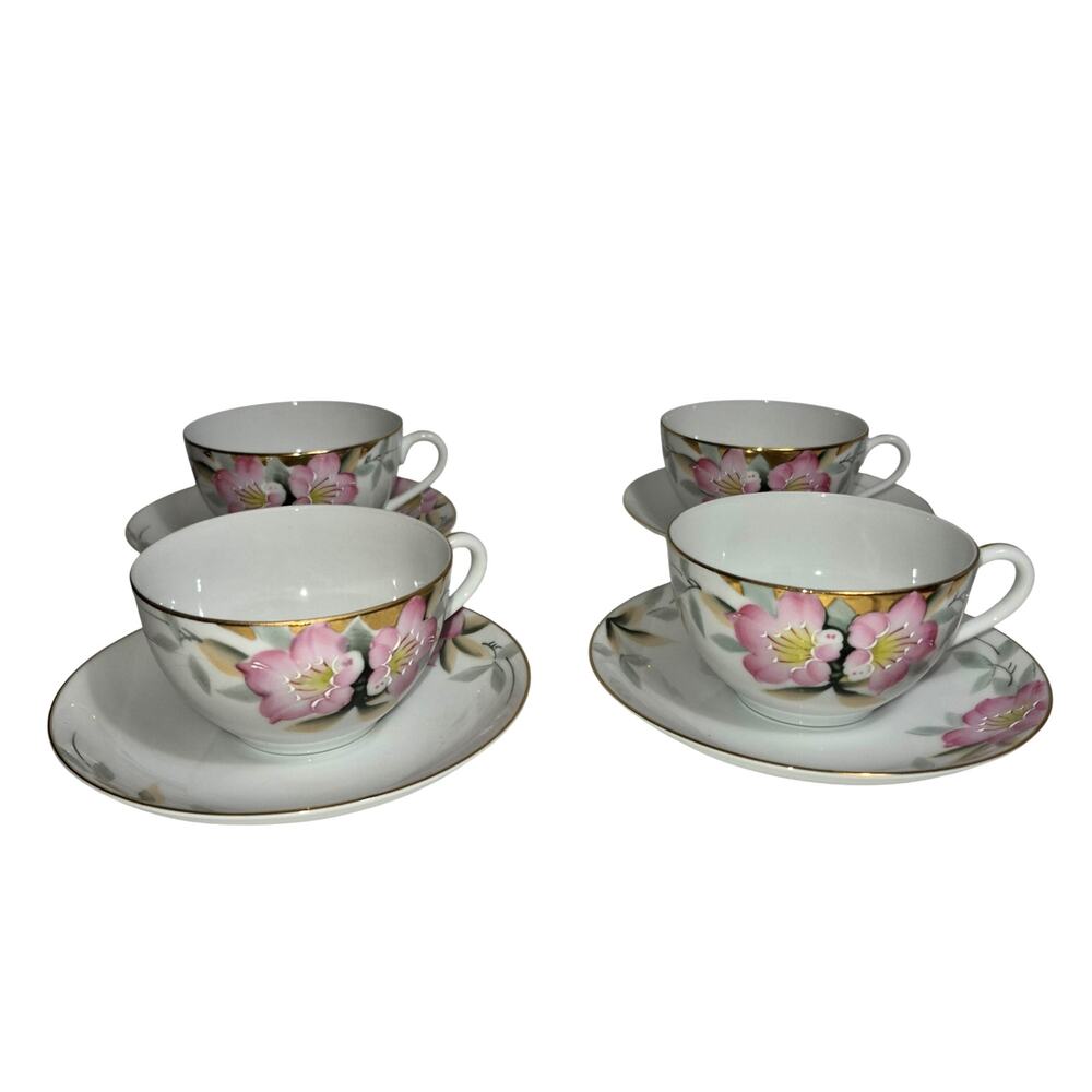 Vintage Noritake Azalea Pattern Teacup & Saucer Set of 4 Pink Floral/ Gold Trim